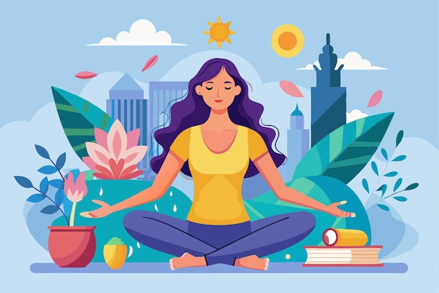 A woman sits peacefully in a yoga pose surrounded by plants and city buildings enjoying the sunshine Yoga woman concept