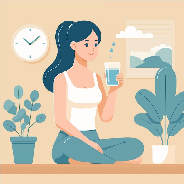 a woman sits on a table with a glass of water and plants