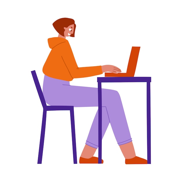 A woman sits at a table and works on a laptop drawn in a flat style