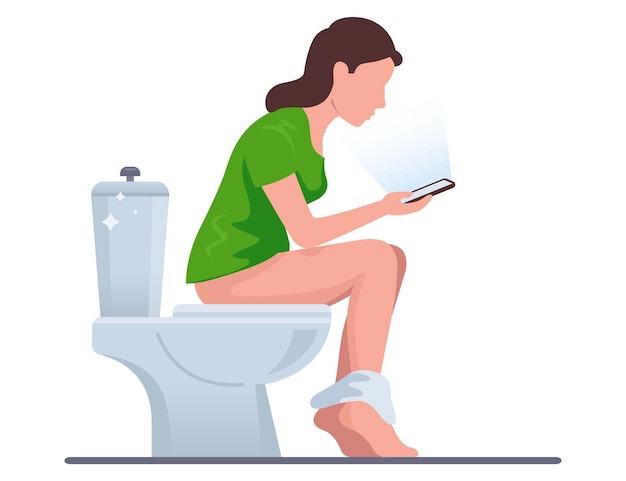 A woman sits on the toilet and looks into the phone girl urinates in the toilet