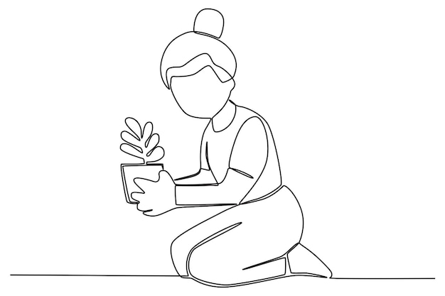 A woman sits with a flower in a pot World environment day oneline drawing