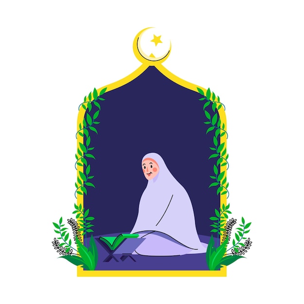 Woman sitting alone and reading holy quran during the night of ramadan