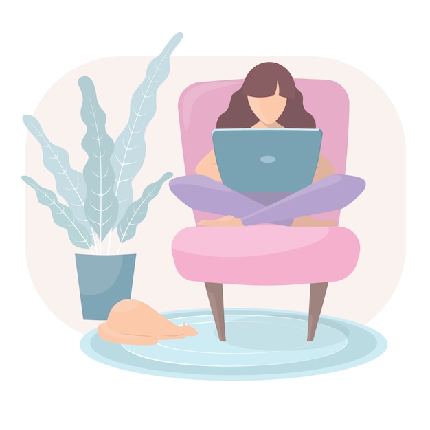 Woman sitting  armchair with laptop. A person works, studies or communicates from home.