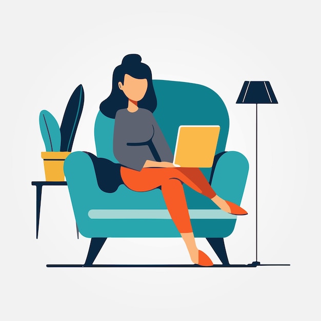 woman sitting in armchair working on laptop notebook vector illustration