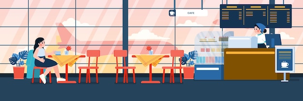 Woman Sitting In Cafe At Airport Terminal In Evening Cafe Scene Vector Illustration