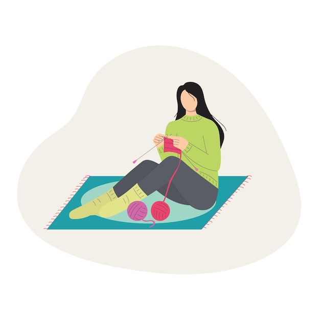 Woman sitting on the carpet and knitting needles warm clothes Handcraft hobby vector illustration