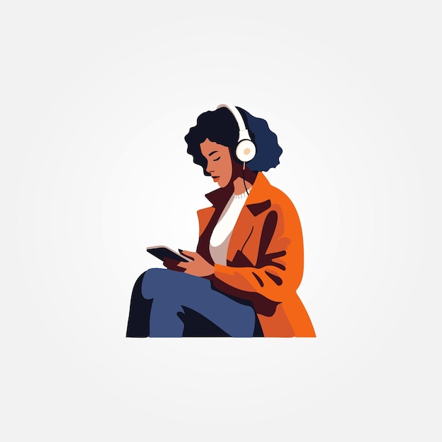 woman sitting on cell phone listening to music