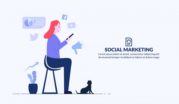 Woman sitting on chair and post on social media, social advertising concept