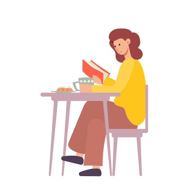 Woman sitting on chair and reading a book next to the table with coffee and cakes