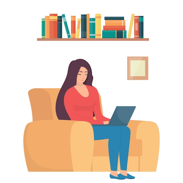 Woman sitting in chair with laptop Girl with laptop doing remote work Online freelance work concept illustration Working from home Modern flat style vector