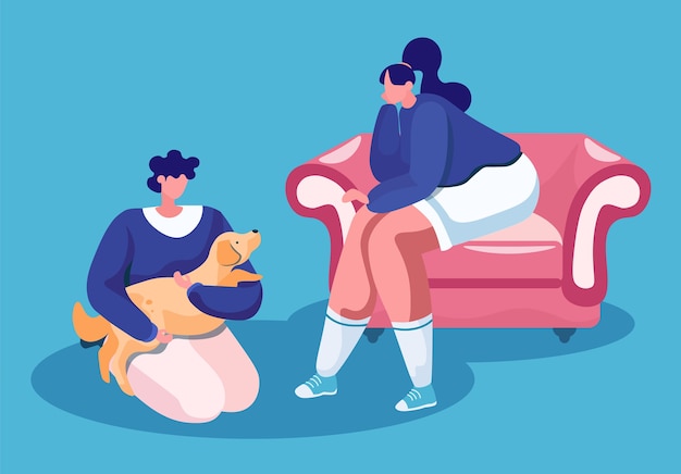 Woman sitting on cosy sofa and man with cute dog in hands on floor isolated happy pet owners