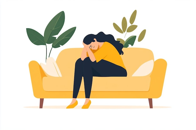 Woman Sitting On Couch In Distress