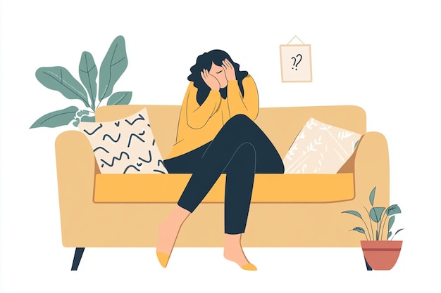 Vector woman sitting on couch in distress