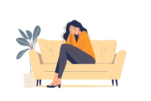 Vector woman sitting on couch in distress