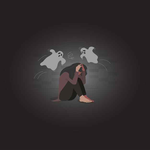 Vector woman sitting in the dark room haunted by distracted mind fatigue sadness mentally down girls vector illustration