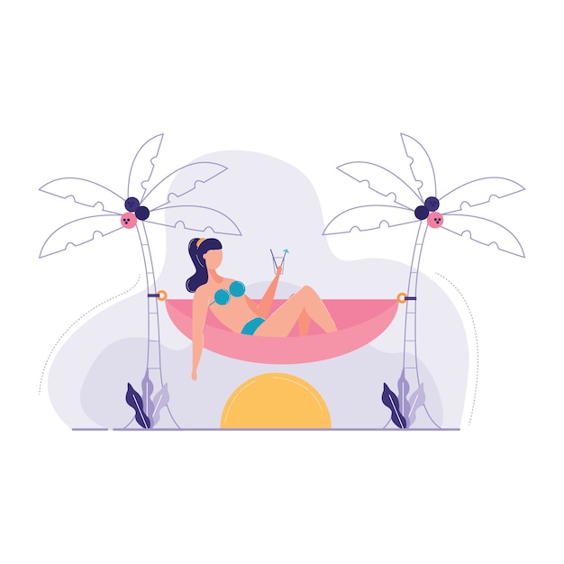 Vector woman sitting hammock around sea vector illustration