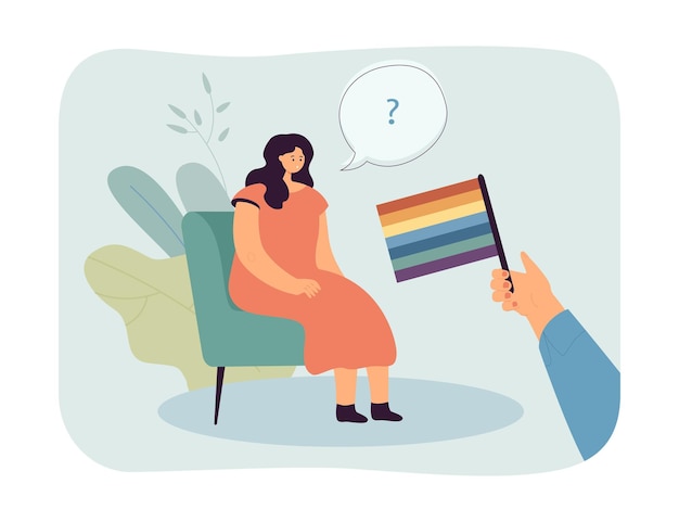 Woman sitting and looking at LGBT flag flat vector illustration