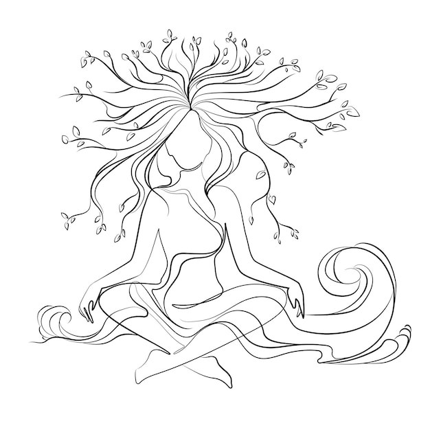 Woman sitting in lotus position with growing branches in her hair and sea waves vector drawing