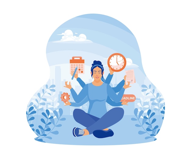 Woman sitting in meditation position Doing many jobs at the same time Multitasking Work concept Flat vector illustration