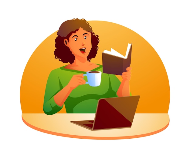 a woman sitting reading a book drinking coffee