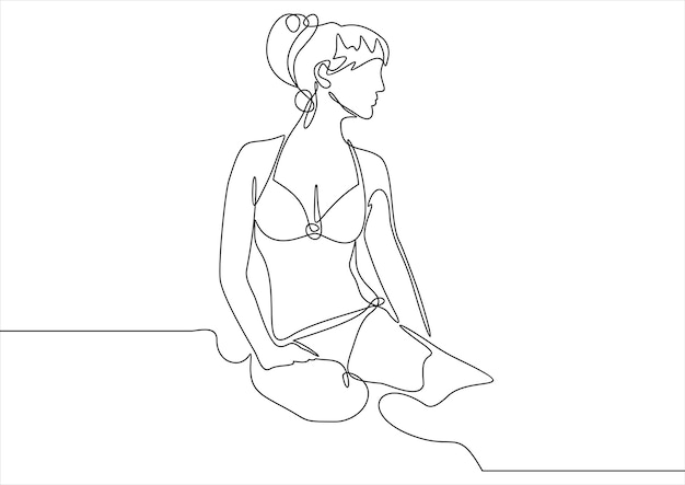 Woman sitting on the seashore sand. Vector Illustration