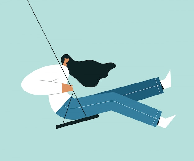 Woman sitting on a swing. Cartoon female character with blowing hair in the wind, and swinging.