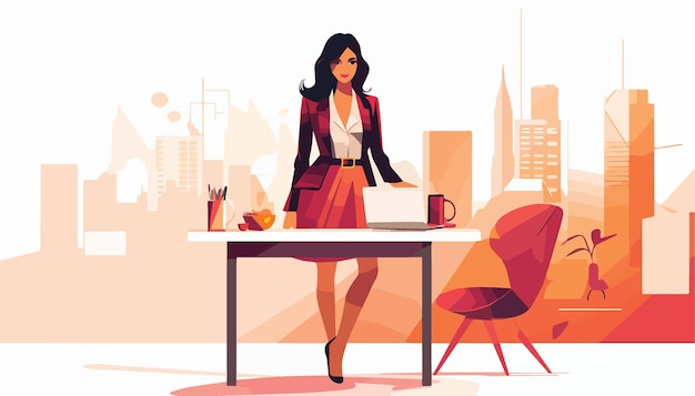 Vector woman sitting at the table and drinking coffee flat vector illustration