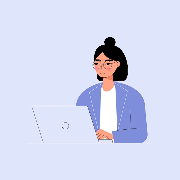 Woman sitting at table with laptop Flat vector illustration of businesswoman at workplace