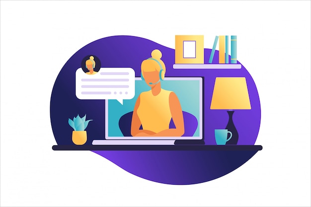 Woman sitting at the table with laptop. Working on a computer. Freelance, online education or social media concept. Working from home, remote job. Flat style. Vector illustration.