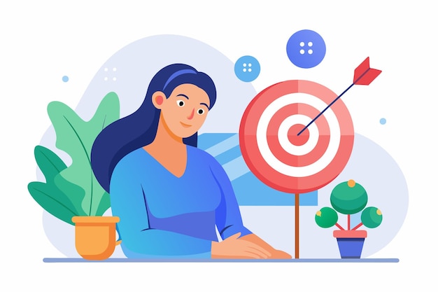 Vector woman sitting at table with target a woman concentration and focus on business goal or target business goal simple and minimalist flat vector illustration