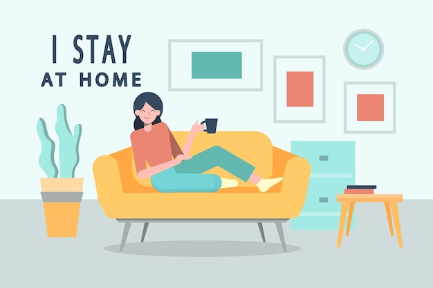 Woman sitting at their home room or apartment Quarantine stay at home concept relaxing on sofa Trendy flat vector illustration EPS10