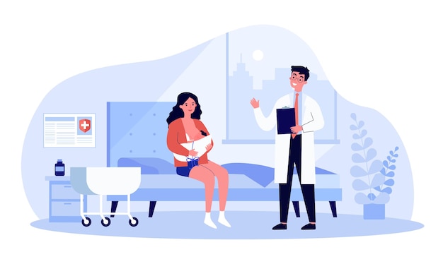 Woman sitting in ward and breastfeeding her newborn child. Flat vector illustration. Doctor talking with new mother, holding baby to her breast. Motherhood, birth, breastfeeding, medical care concept