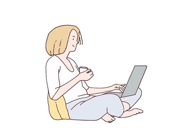 Woman sitting with cup of tea and laptop sofa simple korean style illustration