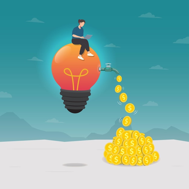 Woman sitting and work on light bulb Work with big ideas and making a lot of money vector illustration