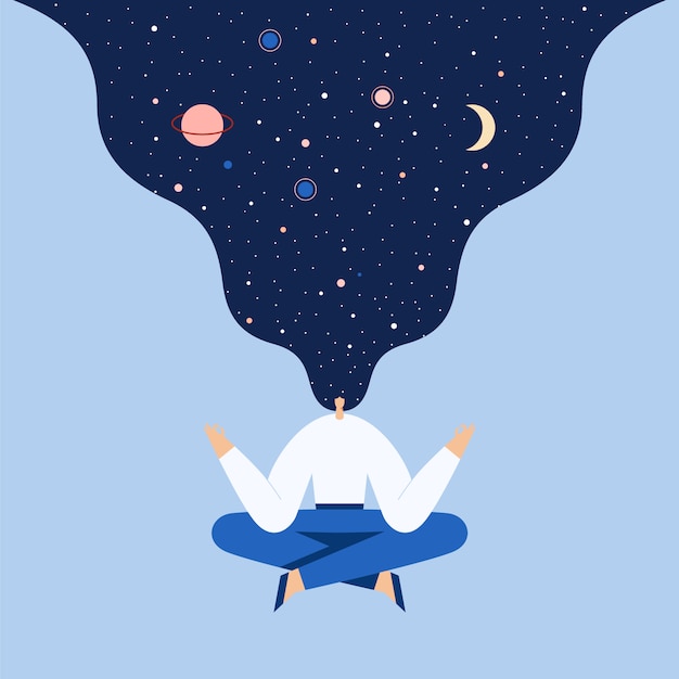 Woman sitting in yoga lotus pose. Night starry sky and moon in hair.  flat illustration.