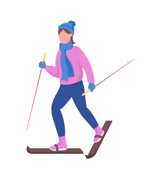 Woman skiing semi flat color vector character. Dynamic figure. Full body person on white. Outdoor winter recreation isolated modern cartoon style illustration for graphic design and animation