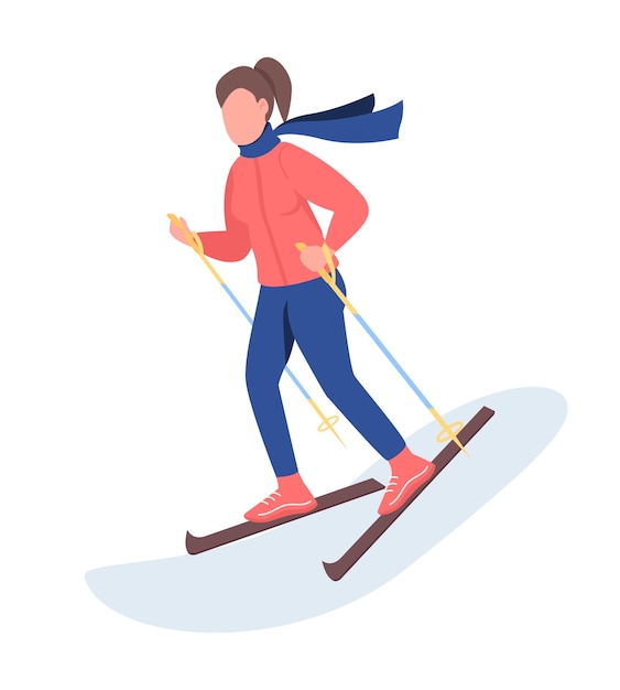 Woman skiing semi flat color vector character