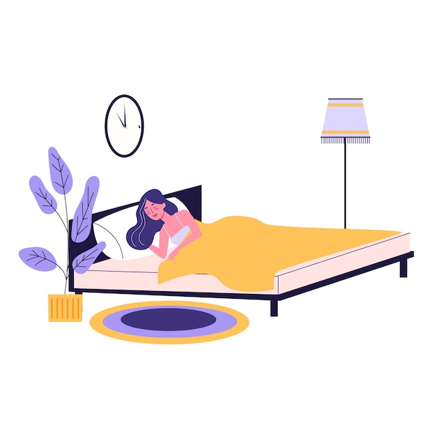 Woman sleep. Person rest in the bed on the pillow late at night. Peaceful dream and relax.  illustration in cartoon style