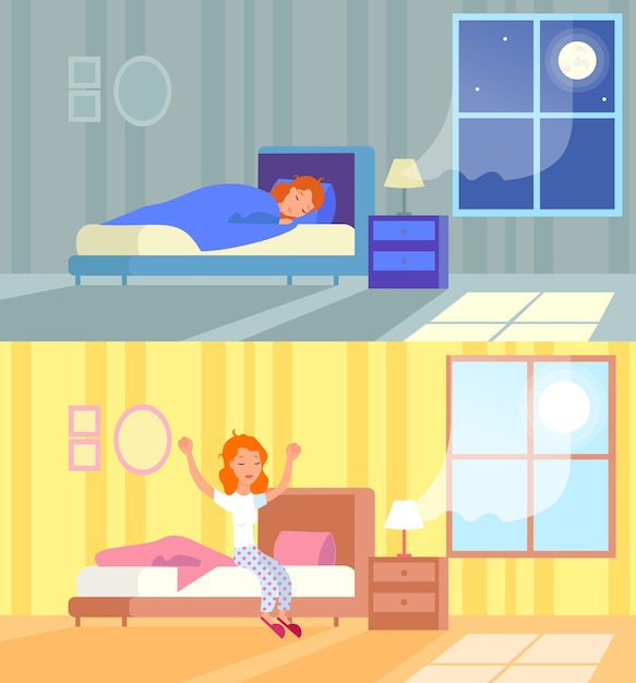 woman sleeping at night and waking up morning. Sleep in comfy bed concept, good morning