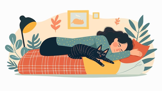 Woman Sleeping with Cat in Cozy and Comfortable Apartment