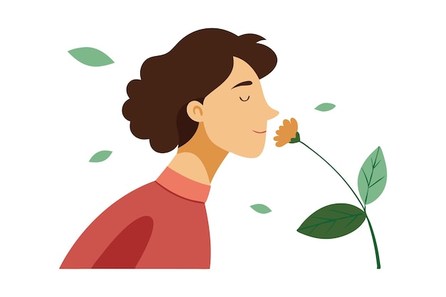 Woman smelling a flower symbolizing connection to nature beauty and calmness