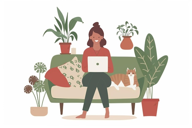 Vector woman smiling with laptop on sofa