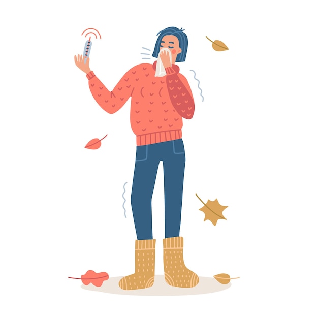 Woman sneeze covered by tissue. Coronavirus COVID-19 outbreak concept. Female full-length character wearing a sweater and knitted socks and holding a thermometer in hand. Vector flat illustration