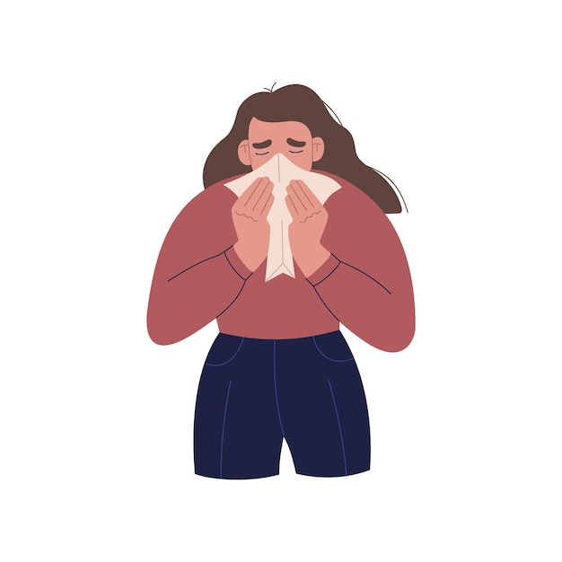 Woman sneezes and blows his nose into a handkerchief. Sick girl suffers from allergies or a cold