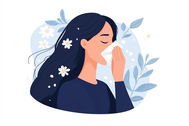 Vector woman sneezing holding handkerchief side