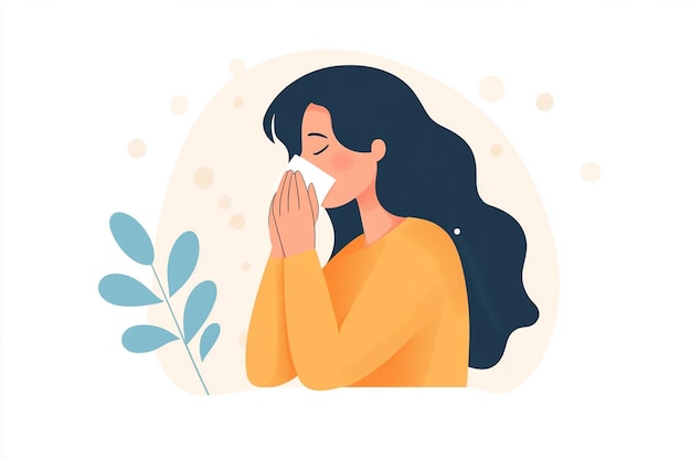 Vector woman sneezing into handkerchief