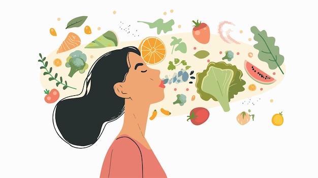 Vector woman sniffing fresh tasty food vector flat illustration