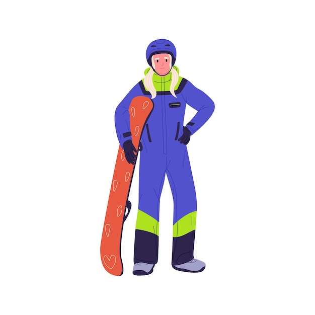 Woman snowboarder portrait Snowboard rider holding snow board Person standing in helmet and winter sports outfit ready for extreme activity Flat vector illustration isolated on white background