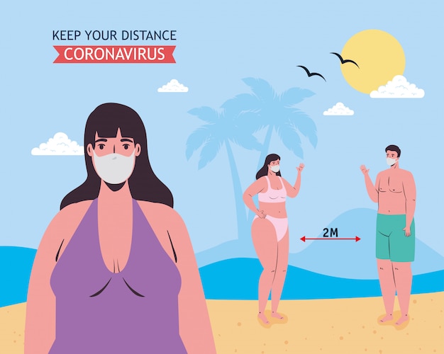 Woman and social distancing between boy and girl with medical masks at the beach vector design