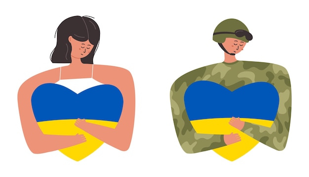 Woman and soldier hugging heart with Ukrainian flag flat vector illustration Army man in camouflage